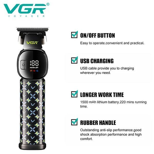 Аккумуляторный триммер для стрижки волос VGR V-185 для бороды и усов с LED-дисплеем и керамическим полотном Black R-V-185 фото