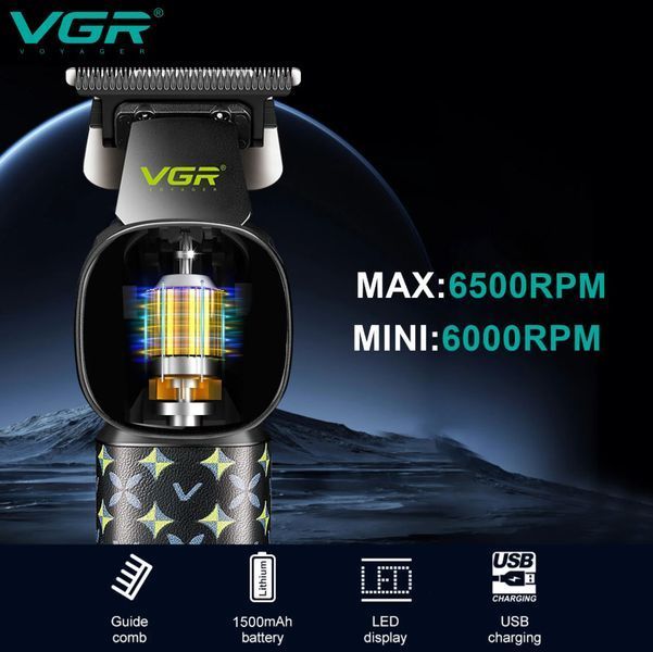 Аккумуляторный триммер для стрижки волос VGR V-185 для бороды и усов с LED-дисплеем и керамическим полотном Black R-V-185 фото