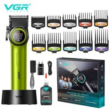 Професійна машинка для стриження волосся VGR V-001 з дисплеєм 9000 об./хвилину і 10 змінними насадками 1,5-24 мм Green R-V-001 green фото