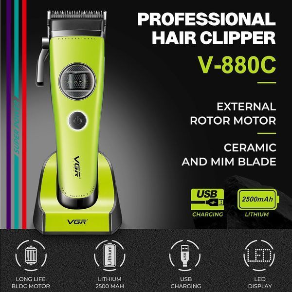Професійна машинка для стриження волосся VGR V-880C з підставкою і 10 насадками 1,5-25 мм 7200 об./хвилину Green R-V-880C Green фото