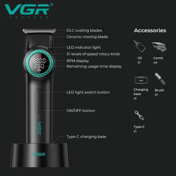 Профессиональный триммер для волос бороды и усов с DLC лезвиями VGR V-977 сменными насадками 1,5-6 мм и BLDC мотором Black R-V-977 black фото