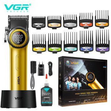 Професійна машинка для стриження волосся VGR V-001 з дисплеєм 9000 об./хвилину і 10 змінними насадками 1,5-24 мм Gold R-V-001 gold фото