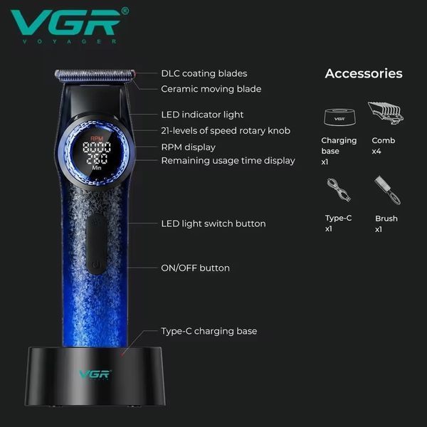 Профессиональный триммер для волос бороды и усов с DLC лезвиями VGR V-977 сменными насадками 1,5-6 мм и BLDC мотором Blue Edition R-V-977 blue edition фото