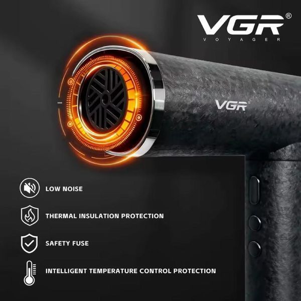 Професійний фен для волосся з іонізацією та дифузором VGR V-640HD потужністю 1900 Вт із холодним обдуванням Black R-V-640HD фото